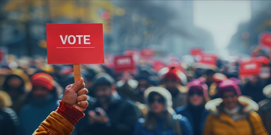 Person's Hand holding VOTE sign in crowded street. Urgent call for voting amid a busy urban setting. Concept of elections, democracy, civic duty, and political participation. Banner with copy space
